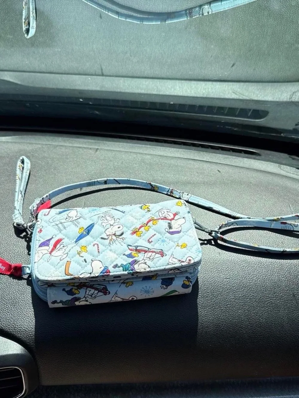Vera Bradley Light Blue Snoopy & Woodstock Quilted Wristlet with Holiday Print